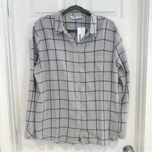 Sonoma Women Checkered Long Sleeve Button Up Gray Blue Cotton Flannel Sz XL NWT